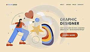 Graphic designer landing page. Woman holding big pencil and doing creative work. Vector flat cartoon illustration