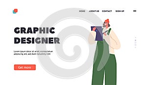 Graphic Designer Profession Landing Page Template. Woman Wear Overalls and Beanie Hat Making Sketch on Tablet Pc