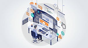 Web Developer Working on Multiple Screens with Coding and Design Elements