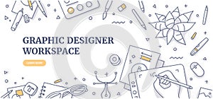 Graphic Designer Workspace Doodle Background Concept