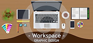 Graphic designer workspace office. Creative desk work vector. Business design art table studio concept top view. Flat color backgr