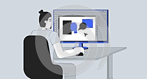 Graphic designer at workstation line illustration