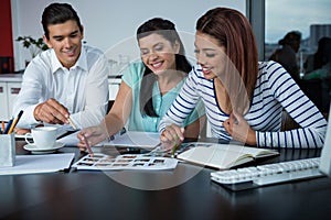 Graphic designers discussing over photographs