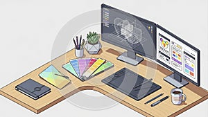 Graphic Designers Workspace with Dual Monitors and Creative Tools