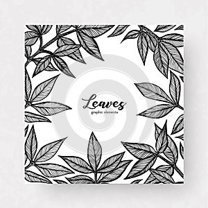 Graphic detailed cards with peony leaves. Linear vector leaves for your design greeting cards, postcards, flyer, packing
