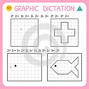 Graphic dictation. Kindergarten educational game for kids. Preschool worksheets for practicing motor skills. Working pages for