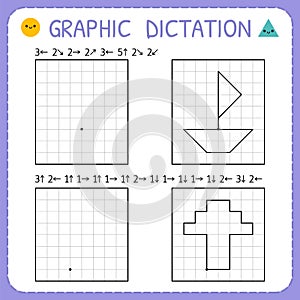 Graphic dictation. Kindergarten educational game for kids. Working pages for children. Preschool worksheets for practicing motor