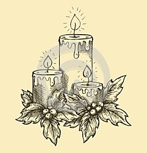 Graphic drawing candles holly berries and leaves.