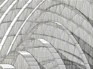 Abstract architecture background pencil graphic drawing curved building elements 3d illustration