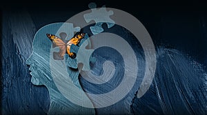 Graphic dreaming butterfly thought escapes puzzle piece opening in mind