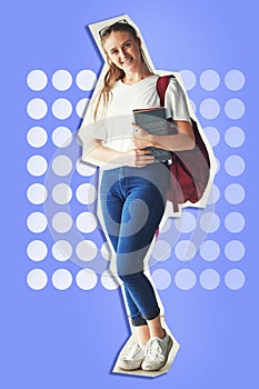 Graphic, education and student advertising college on creative wallpaper with cutout of body. Motivation, vision and