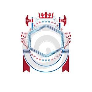 Graphic emblem composed with royal crown element, axes and luxury ribbon. Heraldic Coat of Arms decorative logo isolated vector i