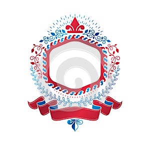 Graphic emblem created using royal symbol Lily Flower and decorative ribbon. Heraldic Coat of Arms decorative logo isolated