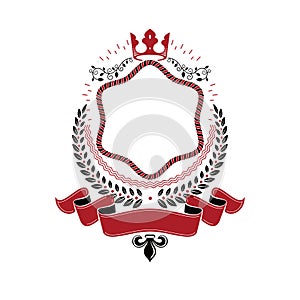 Graphic emblem made with imperial Crown, elegant ribbon and laurel wreath. Heraldic Coat of Arms, vintage vector logo.