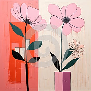 Graphic Expressionism Pink Flowers In Vases On Pink Walls