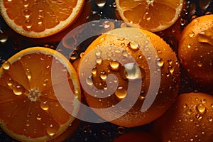Fresh oranges on a dark background, some whole and some cut in half, covered in water droplets.