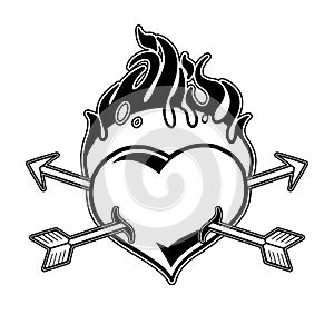 Graphic flaming heart pierced by two arrows