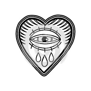 Graphic flaming heart with watery eye