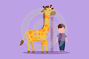 Graphic flat design drawing adorable little boy measuring his height with giraffe height chart on wall. Kids measures growth at