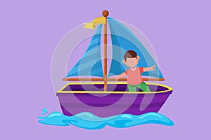 Graphic flat design drawing adorable little boy in sailboat at beach. Happy kids sailing boat at small lake. Children on boat at