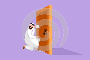 Graphic flat design drawing Arab man eavesdropping at the door. Curious businessman listening to conversation in front of the