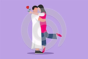 Graphic flat design drawing Arabian boy giving rose flower to girl. Man in love giving flowers. Happy couple getting ready for