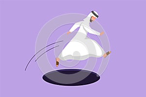 Graphic flat design drawing Arabian businessman jumping through hole, metaphor to facing big problem. Business struggles in market