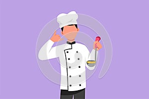 Graphic flat design drawing attractive chef holding ladle with call me gesture and tasting delicious soup. Wearing uniform ready