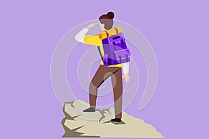 Graphic flat design drawing back view of woman traveler or explorer standing on top of mountain or cliff and looking straight.