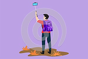 Graphic flat design drawing back view of young man traveler with backpack hiking in mountain while recording video using his