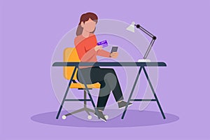 Graphic flat design drawing beauty woman sitting at desk and typing entering credit card code on smartphone. Online store, e-shop