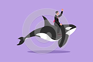 Graphic flat design drawing brave businessman riding huge dangerous orca. Professional entrepreneur character fight with predator