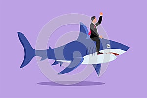 Graphic flat design drawing brave businessman riding huge dangerous shark. Professional entrepreneur character fight with predator