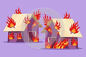 Graphic flat design drawing of burning house icon, logo. Flame in home. House building in flames. Insurance symbol from financial