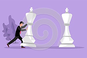 Graphic flat design drawing businessman pushes big king chess pieces to beat opponent king. Business strategy and marketing plan.