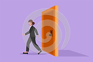 Graphic flat design drawing businesswoman walking and leaving closed door. New business ventures. Entrepreneur entering new market