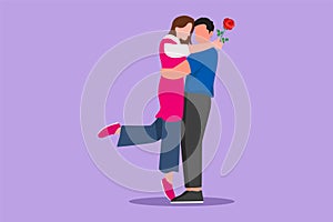 Graphic flat design drawing cheerful boy giving rose flower to girl. Man in love giving flowers. Happy couple getting ready for