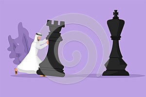 Graphic flat design drawing competitive Arabian businessman push huge rook chess piece to beat king. Business strategy and