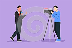 Graphic flat design drawing correspondent, reporter and operator. News reporter performing. Journalists on air. Video cameraman