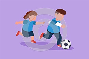 Graphic flat design drawing cute little boy and girl playing football together. Two happy kid playing sport at playground.