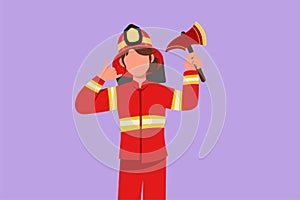 Graphic flat design drawing female firefighter in complete uniform holding glass breaking axe with call me gesture prepare to put