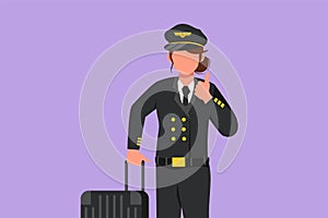 Graphic flat design drawing female pilot with thumb up gesture and in uniform ready to fly with cabin crew with aircraft at