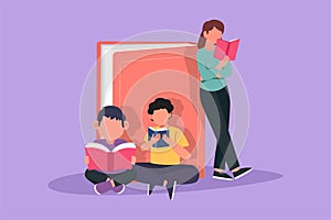 Graphic flat design drawing friendly family reads books together. Woman standing and lean on big book. Children are sitting on