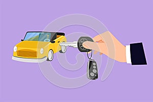 Graphic flat design drawing of hand turning the key in the hole on car door. Young businessman uses key to open the new vehicle.