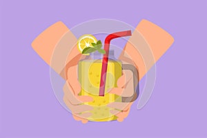 Graphic flat design drawing hands hold refreshing detox lemonade drink with sliced lime, lemon, mint. Summer delicious lemonade in