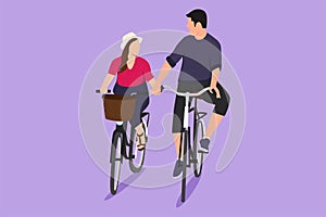 Graphic flat design drawing happy couple cycling outdoors in summer. Romantic cycling couple holding hands. Togetherness of