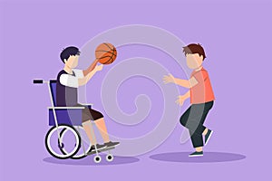 Graphic flat design drawing happy lifestyle of disabled people concept. Little cute boy in wheelchair playing ball with male