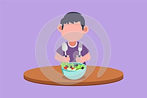 Graphic flat design drawing happy little boy eating fresh vegetable salad and showing thumb up sign. Cute child eating fresh