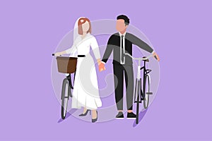 Graphic flat design drawing of happy married couple walking down forest road with their bicycles on summer day. Romantic man and