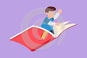 Graphic flat design drawing of happy smiling preschooler kid boy flying on big open book. Children riding magical flying book.